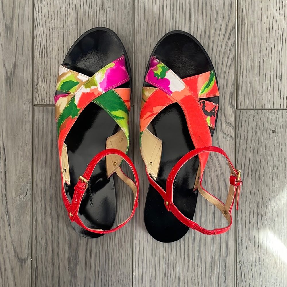 BALENCIAGA Neon Floral Ankle Strap Flat Sandals size 39 1/2 - US 8.5
